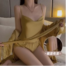 Guiruo Summer Ice Silk Pajamas Swinging Neck Simple Sling Shorts Mesh Outer Robe High Grade Home Fury Set 3588