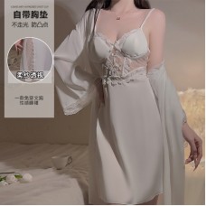 Guiruo Sexy Deep V Combination Yarn Perspective and Chest Cushion Sweet Lace Sleeping Dress Lazy Outer Robe Home Suit Set 3253