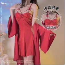 Guiruo Sexy Backless Temptation Ice Silk Steel Ring Chest Cushion Gathered Strap Sleeping Dress Outer Robe Women's Home Furnishing Set 3224