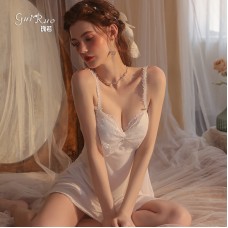 Guiruo Sexy Suspended Sleeping Dress Deep V Lace Lace Casual Comfortable Outer Robe Open Back Strap Chest Pad Home Suit Set