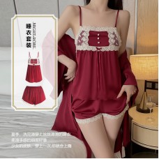 Guiruo Summer New Ice Silk Sweet Hanging Pajama Shorts, Outer Robe, Private Simple Women's Home Furnishing Set 3486