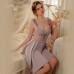 Guiruo Sexy Deep V Satin Lace and Chest Pad Mesh Perspective Backless Nightwear Outer Robe Women's Home Furnishing J3134