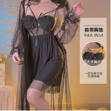 Guiruo Sexy Mesh Splice Lace Perspective Attraction and Chest Cushion Pure Desire Backless Sleeping Dress Outer Robe Home Suit 3546