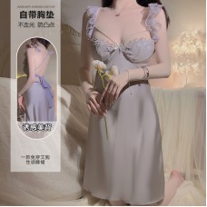 Guiruo Satin Sweet Lace and Chest Cushion Sexy Flying Sleeves Sleeping Dress Simple Outer Robe Women's Home Set J3336