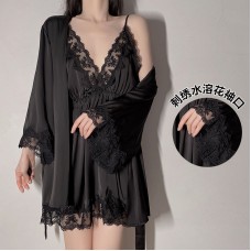 Guiruo Satin Lace Hanging Pajama Dress Sexy Deep V Thin Pajama Lace Up Outer Robe Home Furnishing Set Issued on behalf of 267