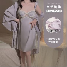 Guiruo Satin V-neck with Chest Cushion Sexy Backless Lace up Temptation Sling Sleeping Dress Outer Robe Home Suit Set 3559