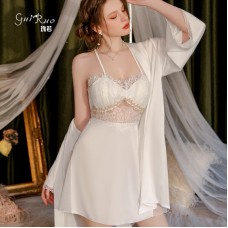 Guiruo Pure Desire V-neck Hollow Satin Lace Mesh Perspective and Chest Cushion Sleeping Skirt, Outer Robe, Home Suit Set 3124