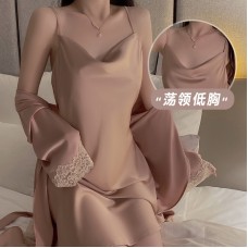 Ruo Ruo Satin Sexy Open Back Swinging Collar Light Luxury Simple Comfortable Suspended Sleeping Dress Outer Robe Women's Home Set 1477