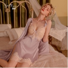 Guiruo Spring/Summer Sexy Open Back Ice Silk with Chest Cushion Suspender Sleeping Dress Outer Robe Advanced Simple Home Furnishing Set 2752