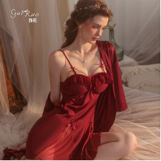 Guiruo Spring/Summer Open Back Temptation Pajama Chest Pads Gather Ice Silk Sling Sleeping Dress Outer Robe Women's Home Suit Set 2219