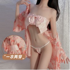 Guiruo Fun Underwear Sexy Printing Vintage Chiffon Japanese Kimono Role Playing Bathrobe Uniform Set 631