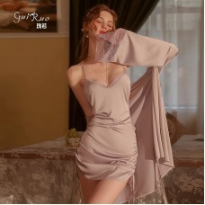 Guiruo brand solid color sexy pleated slimming pajamas open back suspender pajama robe women's home clothing set 1861