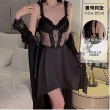 Guiruo Satin Surface with Chest Pads and Dotted Mesh Mesh Perspective Irregular Skirt, Sleeping Dress, Outrobe, Home Furnishing Set J3134