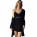 Guiruo Brand Velvet Sexy Deep V Lace Suspended Nightgown Long Sleeve Private Lace Up Nightgown Home Suit Set 622