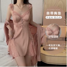 Guiruo satin patchwork lace perspective sexy deep V with chest cushion suspender, pajama robe, home suit set J3179