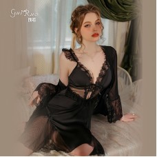 Guiruo Pure Desire Temptation Deep V with Chest Pads, Transparent Lace, Sexy Lace up Satin Sleeping Dress, Outer Robe, Home Furnishing J3189