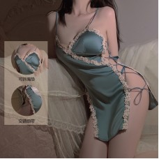 Guiruo Brand's Simple Sexy Low Breast Lace up Satin Lace Up Open Back Women's Pure Desire Home Sleeping Dress Set 1484