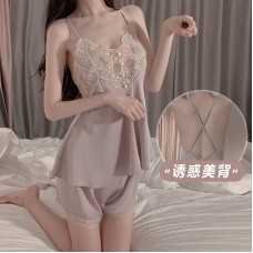 Guiruo Spring/Summer Solid Color Girls' Pajamas Lace Perspective Temptation Satin Suspender Shorts Home Suit Set 2196