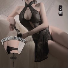 Guiruo Clear Ancient Style Qipao Sexy Standing Neck Hollow Perspective Mesh Pure Desire Split Sleeping Dress Fun Set 3641