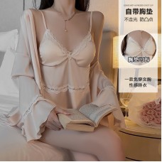 Guiruo Summer New Ice Silk Three Piece Set with Chest Pads Gathered Pajamas, Ruffle Edge Outer Robe, Homewear Set 3555