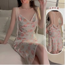 Guiruo Fashion Swinging Neck Ribbon Decoration Sexy Cross Back Pure Desire Printing Satin Sling Home Sleeping Dress 3798