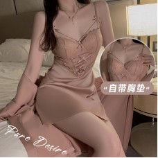 Guiruo Sexy Perspective Lace Low cut V-neck with Chest Pad Hollow out Satin Sleeping Dress Outer Robe Home Suit Set J3579