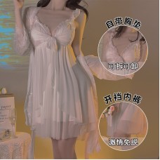 Guiruo Comfortable and Breathable Mesh Pure Desire Pajamas with Chest Pads Gathering Sweet Lace Outer Robe Home Suit Set 3181