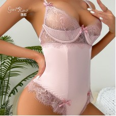 Guiruo Fun Lingerie Women's Solid Satin Panel Mesh Perspective Hollow Sexy One Piece Clothing Foreign Trade Set 9592