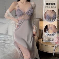 Guiruo Women's Summer Ice Silk Set High Grade Pure Desire Wind Mesh and Chest Cushion Sleeping Dress Outer Robe Home Set 3372