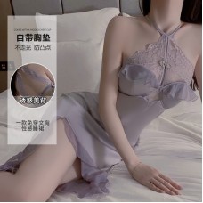 Guiruo Plus Chest Pads Gather Pajamas, Ice Silk Qipao, Female Hanging Neck, Open Back, Seduction, Slim Home Fur Set P3346