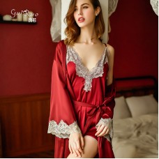 Guiruo Sexy Spring/Summer Lace Embroidery Deep V Open Back Split Temptation Sling Sleeping Dress Outer Robe Home Suit Set 272