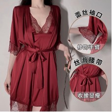 Guiruo Pajamas Sexy Deep V Lace Satin Solid Tone Suspended Nightwear, Nightgown, Bathrobe, Home Furnishing Set Sent on behalf of 245