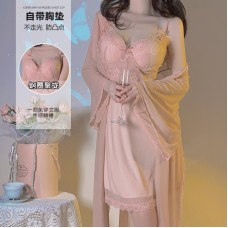 Guiruo Sexy Pure Desire Style Small Chest Gathering with Chest Cushion Steel Ring Hanging Strap Sleeping Dress Outer Robe Women's Homewear Set 2679