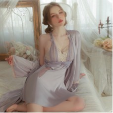 Guiruo Sexy Satin Patched Lace V-neck with Chest Pads, Pearl Strap Sleeping Dress, Outer Robe, Women's Home Furnishing J3133