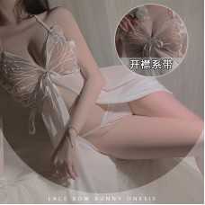 Guiruo Fun Underwear Sexy Hanging Neck Lace Perspective Butterfly Slit Sling Sleeping Dress Pure Desire Uniform Set 3713