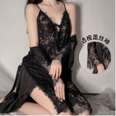 Guiruo Sexy Deep V Perspective Attractive Split Pajama Lace Up Hanging Pajama Dress Large Size Pajama Home Suit Set 311