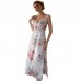 Guiruo Ice Silk Print Sexy Deep V Lace Splice Pure Desire High slit Long Home Sling Dress Set 19231