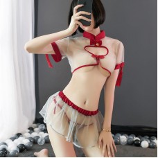 Guiruo Fun Lingerie Women's Sexy Hollow Out Breast Dewing Temptation Classical Qipao Retro Plate Buckle Passion Set 825