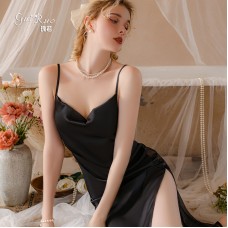 Guiruo Pure Desire Satin Nightwear Swinging Collar Open Back Temptation Simple Retro Plate Buckle Sling Sleepwear Home Set 3445