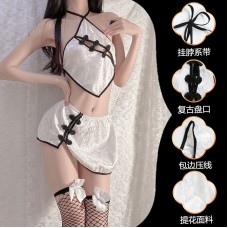 Guiruo Fun Underwear Sexy Jacquard Hot Hollow Temptation Hanging Neck Cheongsam Three Point Bed Uniform Set 1603