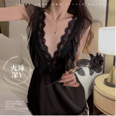 Guiruo Lingerie Summer Ice Silk Lace Collage Sexy Deep V Backless Temptation Waist Pure Desire Home Sleeping Dress 1480