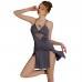 Guiruo Satin Perspective Mesh Sexy V-Neck Close-up Double Split Women's Suspender Sleeping Dress Outerrobe Set 2355