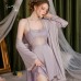 Guiruo Pure Desire V-neck Hollow Satin Lace Mesh Perspective and Chest Cushion Sleeping Skirt, Outer Robe, Home Suit Set 3124