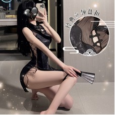 Guiruo Fun Underwear Sexy Side Straps Hollow out Temptation Cheongsam Classical Plate Buckle Bed Uniform Set 1387