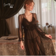 Guiruo Fun Lingerie Sexy Mesh Perspective Attractive Sweet Strap Long Dress Outer Robe Women's Home Suit Set 2132