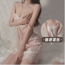 Guiruo Sexy Low cut Solid Lace Perspective Attractive Sweet Sleepwear Open Back Suspended Dress Home Suit Set 549