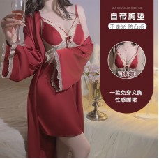 Guiruo Sexy Deep V Sweet Lace Satin Face with Breast Pads Pure Desire Split Sleeping Dress Outer Robe Home Furnishing Set 2726