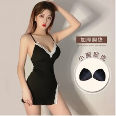 Guiruo Fun Underwear Sexy Deep V Cotton Lovely Bow Knot Side Split Slim Slim Slim Sleeping Dress Set 759