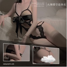 Ruo Ruo Pure Lust Style Sexy Satin Butterfly Lace Steel Ring Gathering Hot and Spicy Hollow Open Back One Piece Set 2343