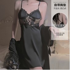 Guiruo Satin Deep V Perspective Lace Combination Seduction Cross Back Sleeping Dress Simple Outrobe Home Set 3253